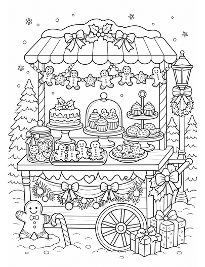 Christmas Bakery Cart With Gingerbread Garland printable coloring page from the christmas coloring pages collection