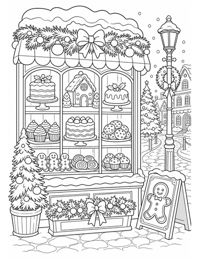 Christmas Bakery Window With Snowy Street printable coloring page from the christmas coloring pages collection