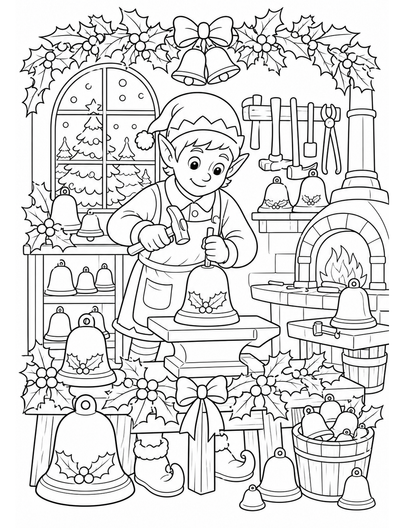 Christmas Bellmaker Workshop With Holly Garlands printable coloring page from the christmas coloring pages collection