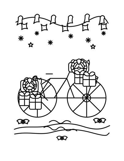 Christmas Bicycle With Wreaths And Gift Boxes printable coloring page from the christmas coloring pages collection