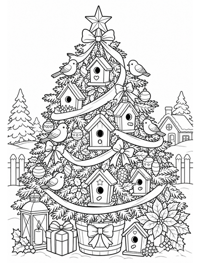 Christmas Birdhouse Tree With Ribbon Garlands printable coloring page from the christmas coloring pages collection
