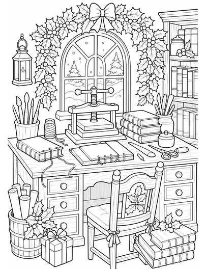 Christmas Bookbinder Desk With Holly Garland printable coloring page from the christmas coloring pages collection