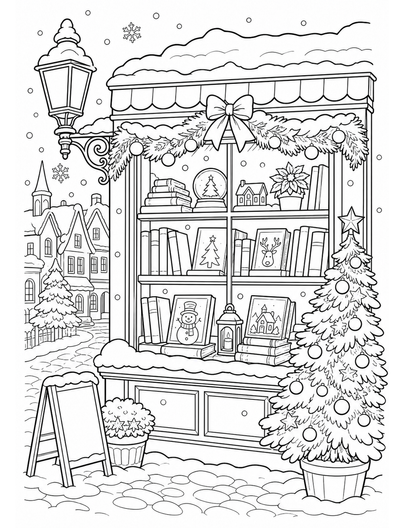 Christmas Bookshop Window In Snow printable coloring page from the christmas coloring pages collection