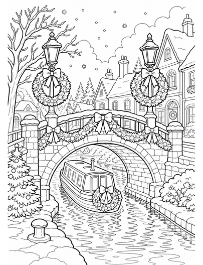 Christmas Canal Bridge With Lantern Wreaths printable coloring page from the christmas coloring pages collection