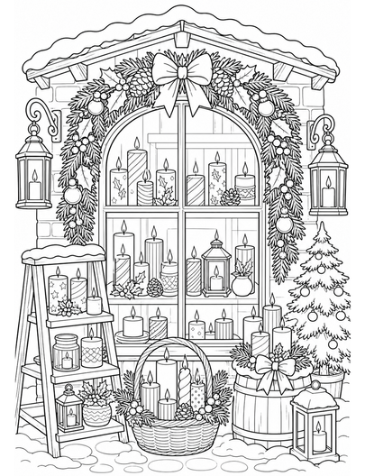 Christmas Candle Shop With Window Garland printable coloring page from the christmas coloring pages collection