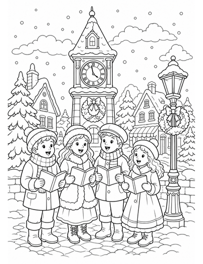 Christmas Carolers By A Snowy Town Clocktower printable coloring page from the christmas coloring pages collection