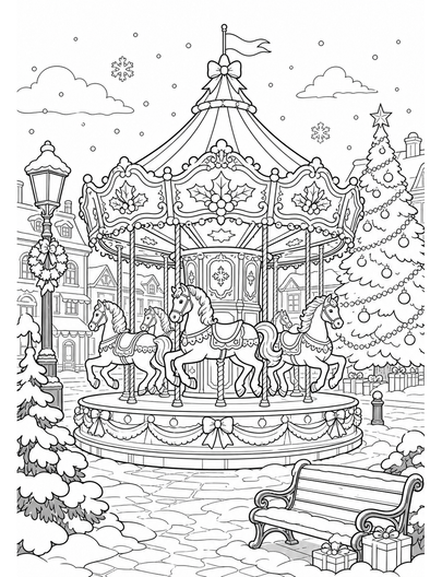 Christmas Carousel In A Snowy Square printable coloring page from the christmas coloring pages collection