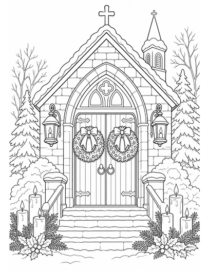 Christmas Chapel Door With Wreaths And Candles printable coloring page from the christmas coloring pages collection