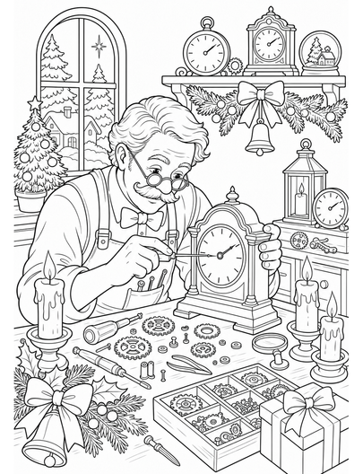 Christmas Clockmaker Workshop With Candles printable coloring page from the christmas coloring pages collection