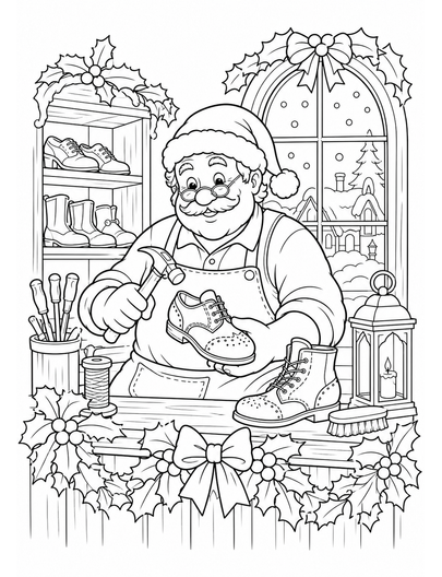Christmas Cobbler Shop With Holly printable coloring page from the christmas coloring pages collection