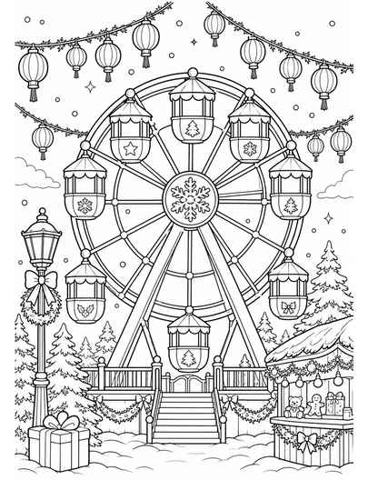 Christmas Ferris Wheel With Lantern Garlands printable coloring page from the christmas coloring pages collection