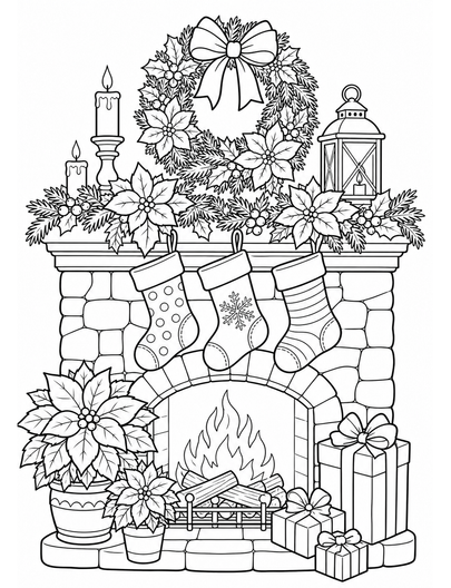 Christmas Fireplace With Stockings And Poinsettias printable coloring page from the christmas coloring pages collection