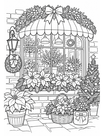 Christmas Florist Window With Poinsettias printable coloring page from the christmas coloring pages collection