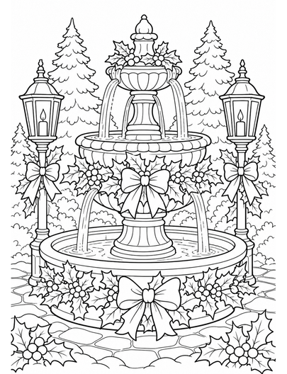 Christmas Fountain With Lanterns And Holly printable coloring page from the christmas coloring pages collection