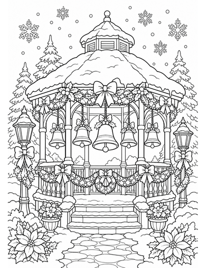 Christmas Gazebo With Carol Bells And Snow printable coloring page from the christmas coloring pages collection
