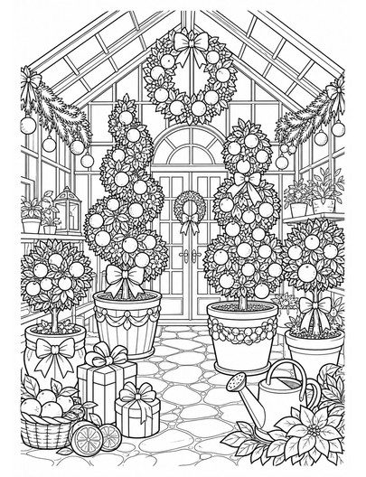 Christmas Greenhouse With Citrus Topiaries printable coloring page from the christmas coloring pages collection