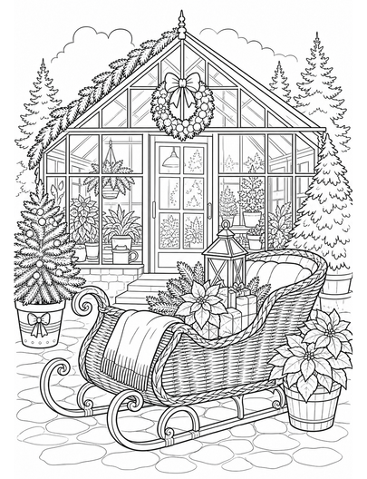 Christmas Greenhouse With Wicker Sleigh printable coloring page from the christmas coloring pages collection