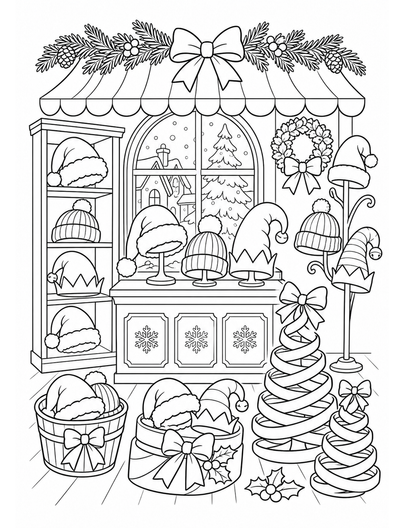Christmas Hat Shop With Ribbon Trees printable coloring page from the christmas coloring pages collection
