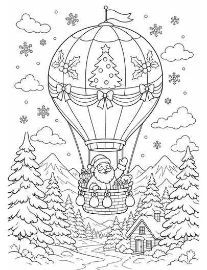 Christmas Hot Air Balloon Over Snowy Pines printable coloring page from the christmas coloring pages collection