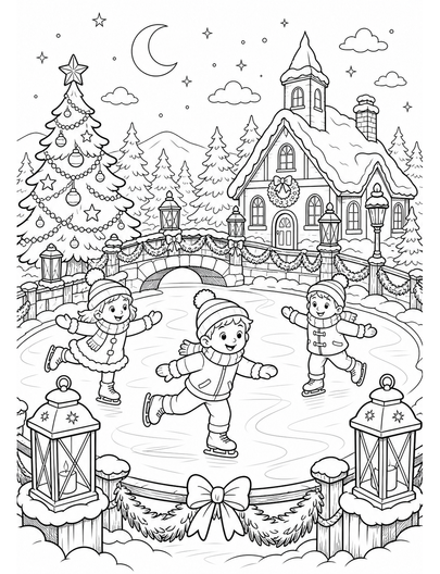 Christmas Ice Skating Pond With Lanterns printable coloring page from the christmas coloring pages collection