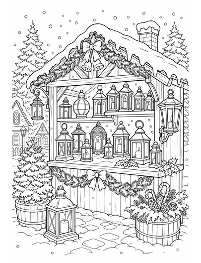 Christmas Lantern Shop In Falling Snow printable coloring page from the christmas coloring pages collection