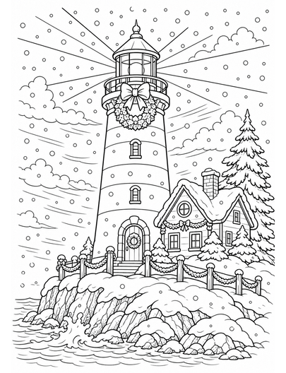 Christmas Lighthouse In A Snowstorm printable coloring page from the christmas coloring pages collection