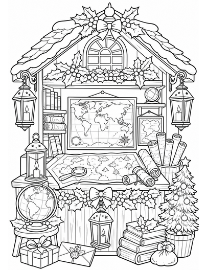 Christmas Map Shop With Lanterns And Holly printable coloring page from the christmas coloring pages collection
