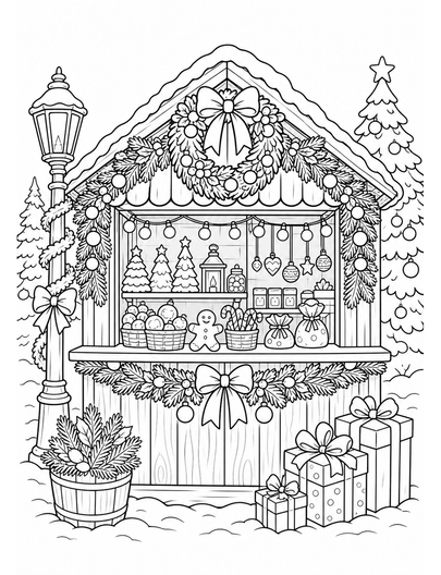 Christmas Market Stall With Wreath Garland printable coloring page from the christmas coloring pages collection