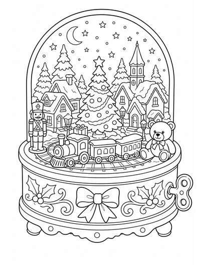 Christmas Music Box With Toy Village printable coloring page from the christmas coloring pages collection
