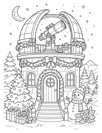 Christmas Observatory With Telescope And Garlands printable coloring page from the christmas coloring pages collection