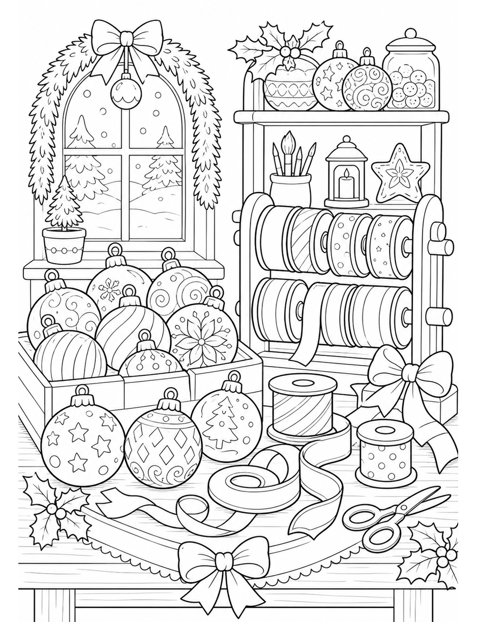 Christmas Ornament Atelier With Ribbon Spools printable coloring page from the christmas coloring pages collection