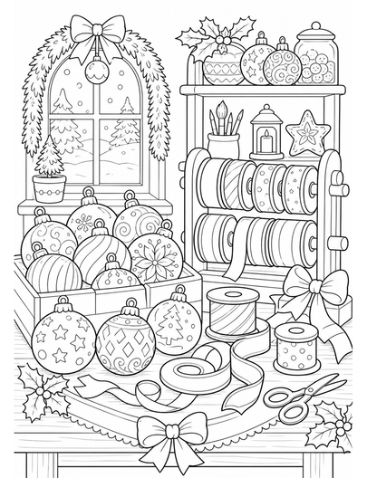 Christmas Ornament Atelier With Ribbon Spools printable coloring page from the christmas coloring pages collection