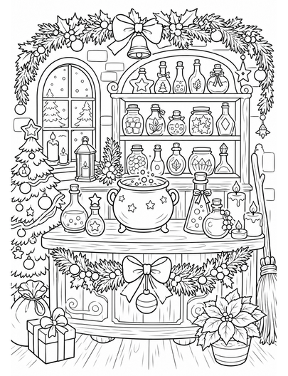 Christmas Potion Shop With Candles And Garlands printable coloring page from the christmas coloring pages collection