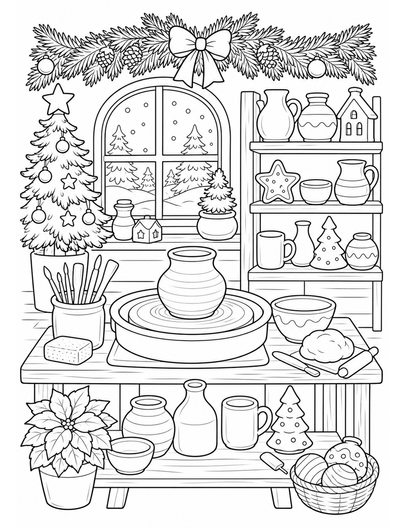 Christmas Pottery Studio With Pine Garland printable coloring page from the christmas coloring pages collection