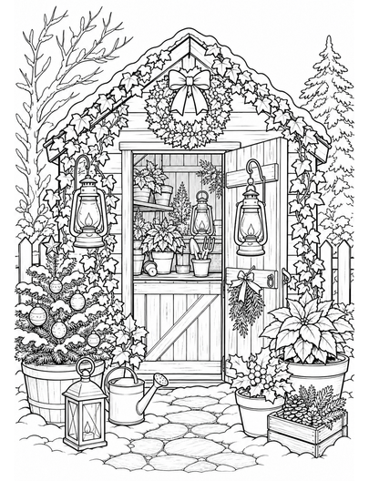 Christmas Potting Shed With Lanterns And Ivy printable coloring page from the christmas coloring pages collection