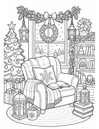 Christmas Reading Nook With Garland And Lanterns printable coloring page from the christmas coloring pages collection