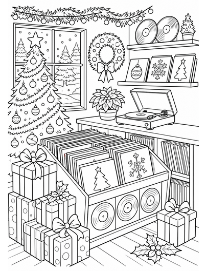 Christmas Record Shop With Wrapped Gifts printable coloring page from the christmas coloring pages collection