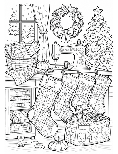 Christmas Sewing Room With Quilted Stockings printable coloring page from the christmas coloring pages collection