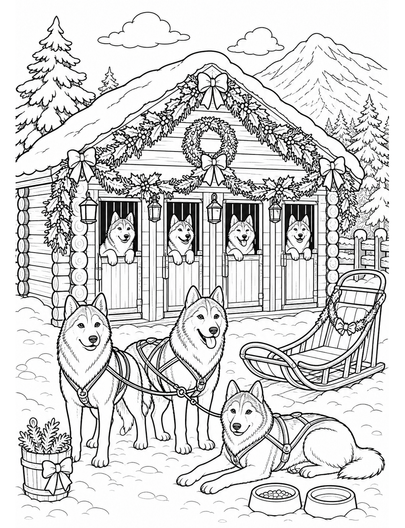 Christmas Sled Dog Kennel With Garlands printable coloring page from the christmas coloring pages collection