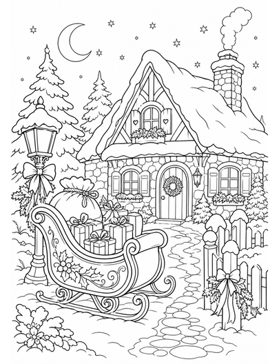 Christmas Sleigh Beside A Snowy Cottage printable coloring page from the christmas coloring pages collection