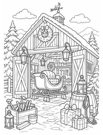 Christmas Sleigh Repair Barn With Lanterns printable coloring page from the christmas coloring pages collection