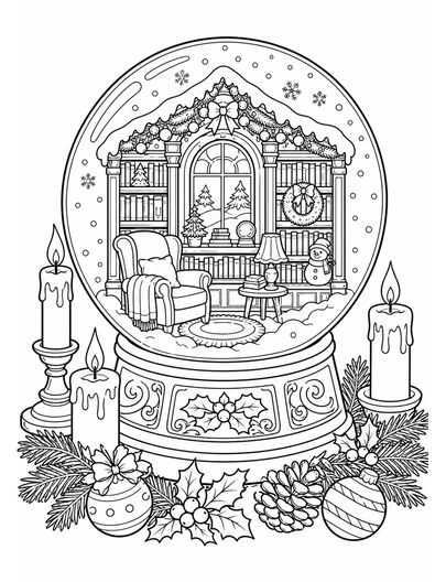 Christmas Snow Globe Library With Candles printable coloring page from the christmas coloring pages collection