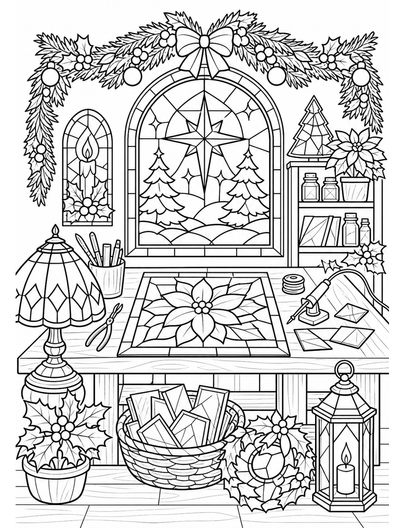 Christmas Stained Glass Studio With Garland printable coloring page from the christmas coloring pages collection