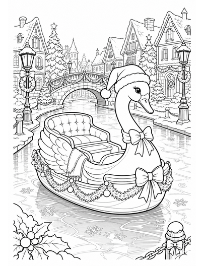 Christmas Swan Boat On A Frozen Canal printable coloring page from the christmas coloring pages collection