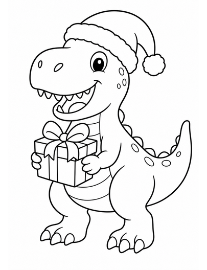 Christmas T-Rex In Santa Hat With Gift printable coloring page from the christmas coloring pages collection