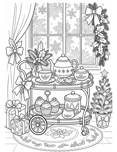 Christmas Tea Cart By A Frosted Window printable coloring page from the christmas coloring pages collection