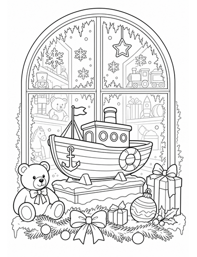 Christmas Toy Boat In A Frosted Shop Window printable coloring page from the christmas coloring pages collection