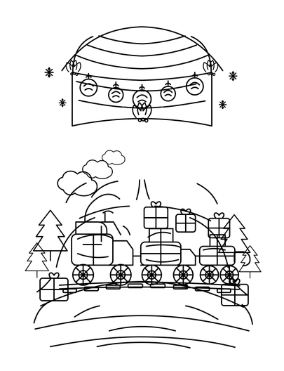 Christmas Toy Train Under A Garland Arch printable coloring page from the christmas coloring pages collection