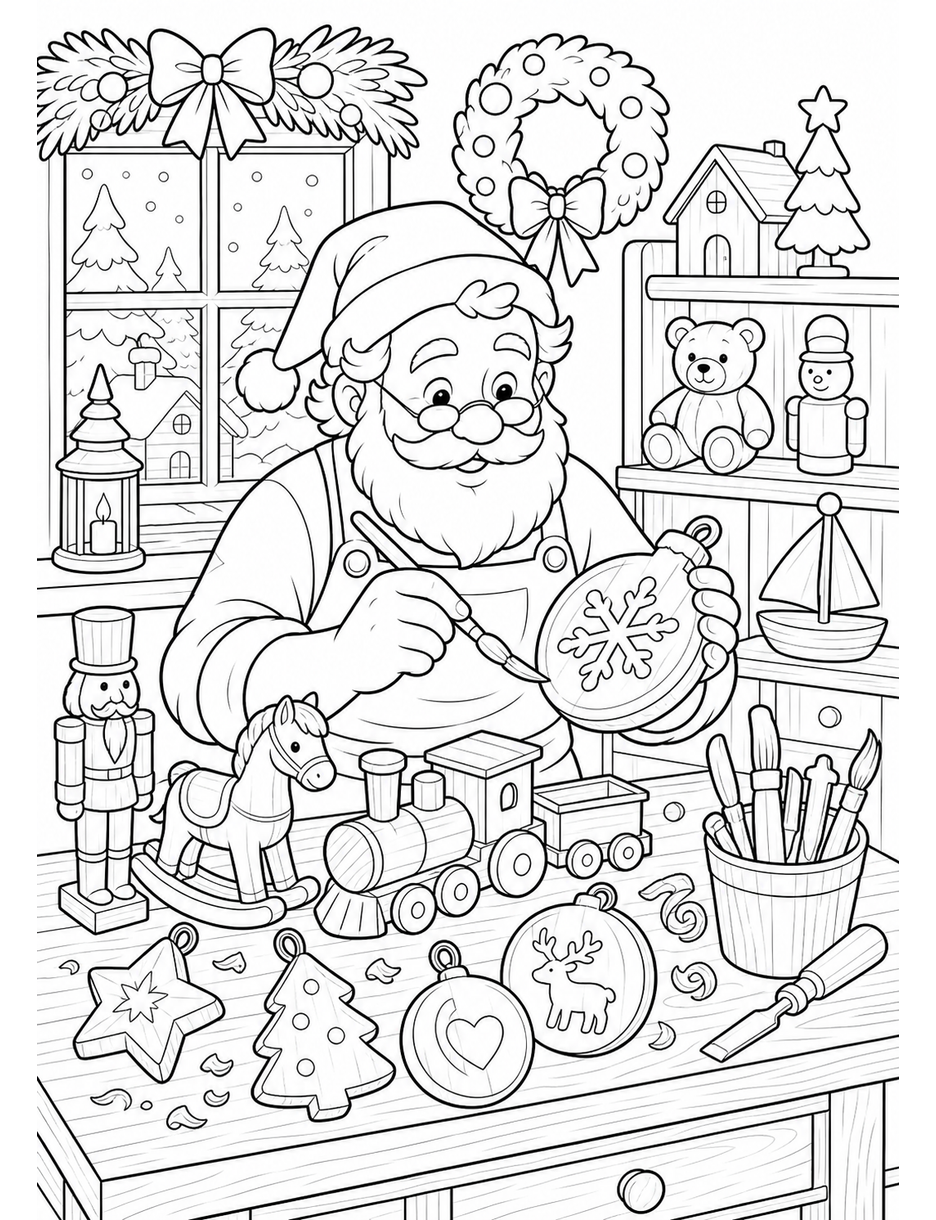 Christmas Toymaker Desk With Wooden Ornaments printable coloring page from the christmas coloring pages collection