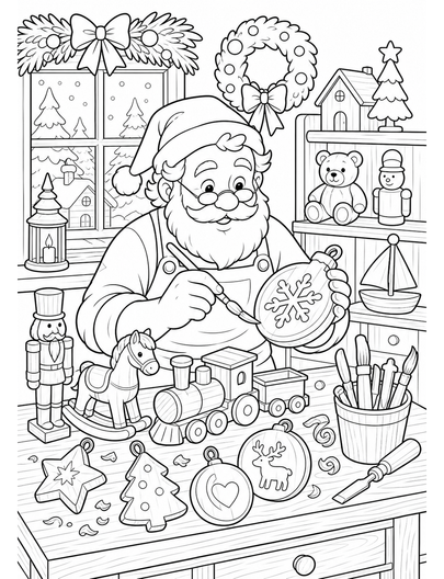 Christmas Toymaker Desk With Wooden Ornaments printable coloring page from the christmas coloring pages collection